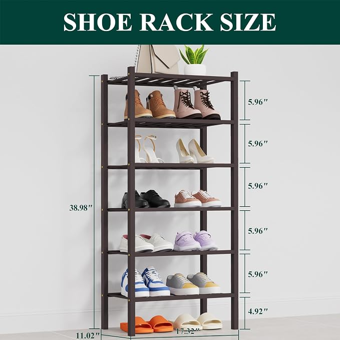 Smiry Bamboo Shoe Rack, 14 Vertical Slats, 6 Tier - 17.3" Wide, Brown | Stackable Free Standing Wooden Shoe Organizer, Wood Shoe Storage Shelf for Closet, Entryway, Thicher Leg