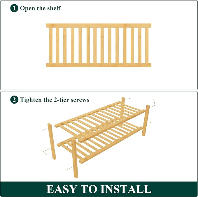 Smiry Bamboo Shoe Rack, 14 Vertical Slats, 2 Tier - 26.8" Wide, Natural | Stackable Free Standing Wooden Shoe Organizer, Wood Shoe Storage Shelf for Closet, Entryway, Thicher Leg