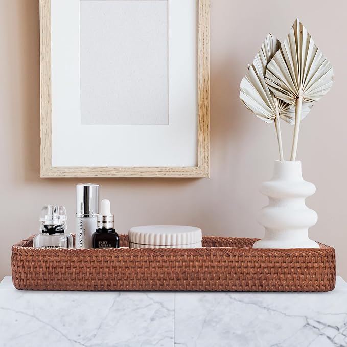 Rattan Bathroom Vanity Trays Toilet Tank Baskets Long Narrow Hand Towel Storage Basket for Storage, Decorative (Honey Brown 16.3 x 6.1 x 2 inch)