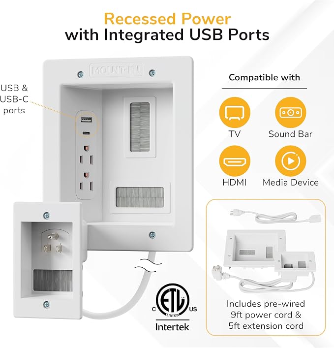 Mount-It in-Wall TV Cable Management Kit, USB-C, Dual Outlet, Cord Hider | ETL Certified Recessed Power with USB-A, 9ft Behind-Wall and 5ft External Cords, DIY Install, Wire Hider for Wall Mounted