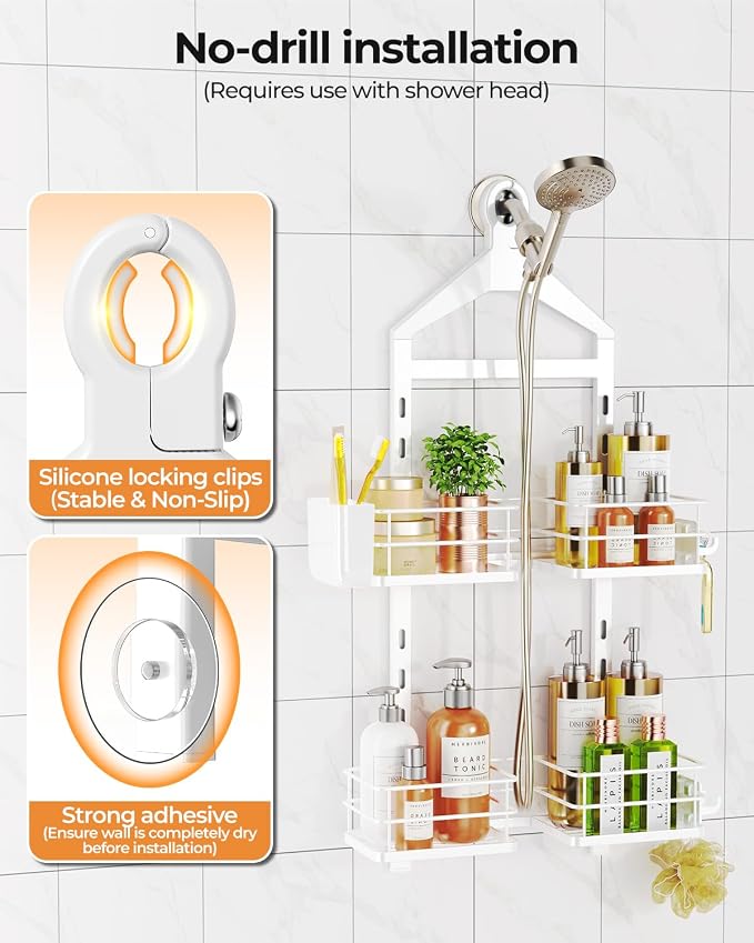ODesign 2 Tier Shower Caddy for Handheld Shower Heads Anti-Swing White | No drilling required,comes with removable hook and storage box,suitable for handheld and wall-mounted showerheads