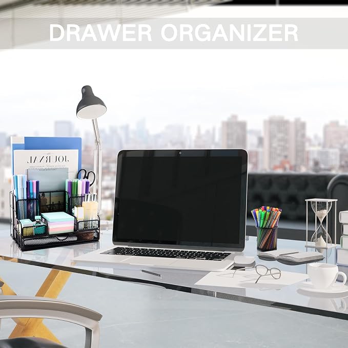 Desk Organizers Caddy and Accessories with 7 Compartments + Pen Holder / 72 Clips Set, Drawer, Black Mesh Office Supplies Desktop Organizer for Home, Office Ect