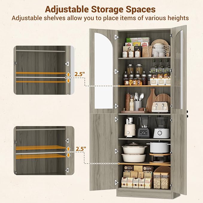 Cyclysio 80" Kitchen Pantry, Tall Arch Storage Cabinet with Tempered Glass & Soft Close Doors, Freestanding Wood Floor Cupboard Bookcase with Seamless Fit Wall for Dining Room, Living Room, Bathroom