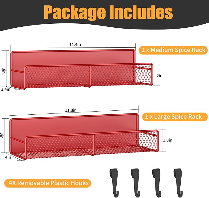 Magnetic Spice Rack for Refrigerator, 2 Pack 100% Metal Strong Magnet Shelf, Space Saving Spice Organizer W/ Hooks, Movable Magnetic Fridge Shelf, Kitchen Home Laundry Room Storage Organization, Red