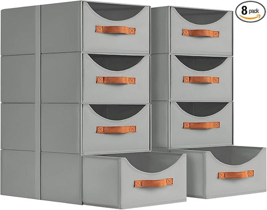 Homsorout Stackable Storage Drawers - Large Collapsible Storage Bins with Drawers, 8 Pack Closet Shelf Organizer Basket, Fabric Pull Out Organizer for Bedroom, Living Room, Dorm, Grey