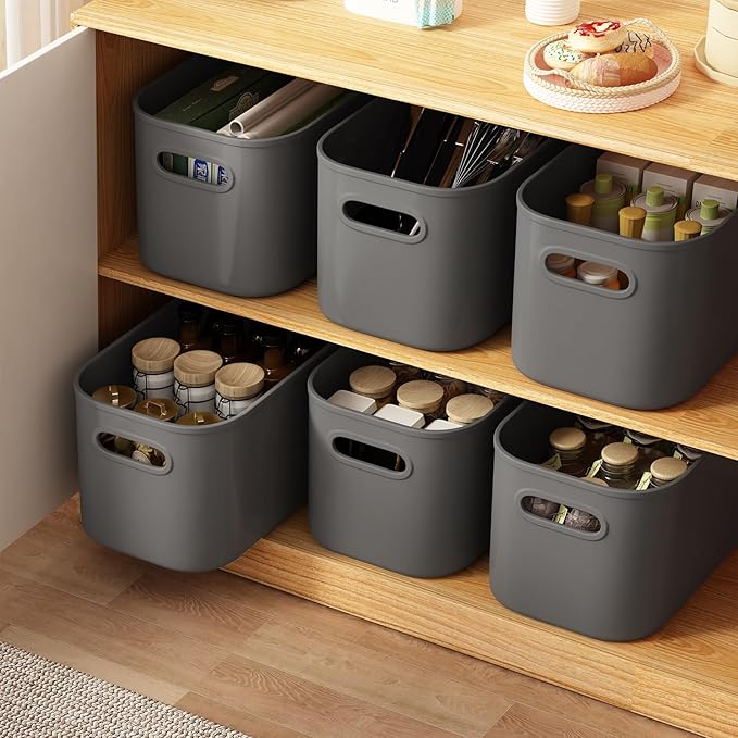 ORGIDOL 6 Pack Grey Storage Bins with Lids Stackable Storage Container for Organizing, Storage Boxes with Handle for Shelves, Cute Organizer Bins for Craft, Snacks, 9.85x6.9x5.7 inch