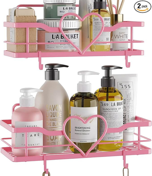 Pink Shower Caddy with 4 Removable Hooks, 2 Pack Sweet Heart Shower Shelves,No Drilling Adhesive Organizer Shelf for Bathroom Shower,Kitchen,Bedroom | Shower Shelf with 4 Removable Hooks,Holds 40 lbs,Rustproof Metal,For bathroom,kitchen,dorm,Cute Showe...