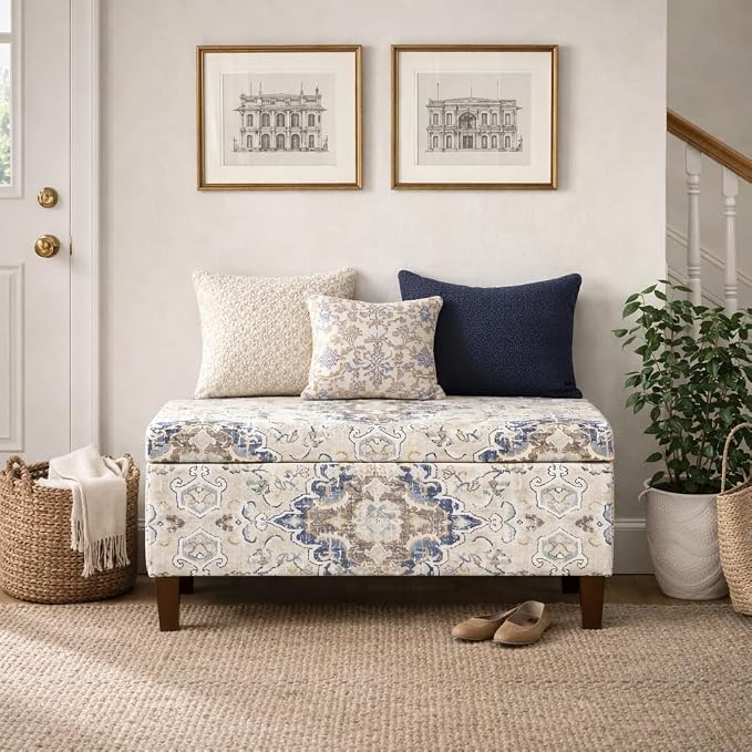 HomePop Ottomon Upholstered Rectangular Storage Ottoman Bench with Hinged Lid, Brown and Cream Large