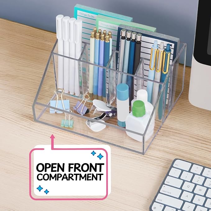 STORi Stackable Desk Organizer, Clear Pen Pencil Makeup Brush Holder for Desktops and Vanities, 6 Compartment Caddy (Made in USA)
