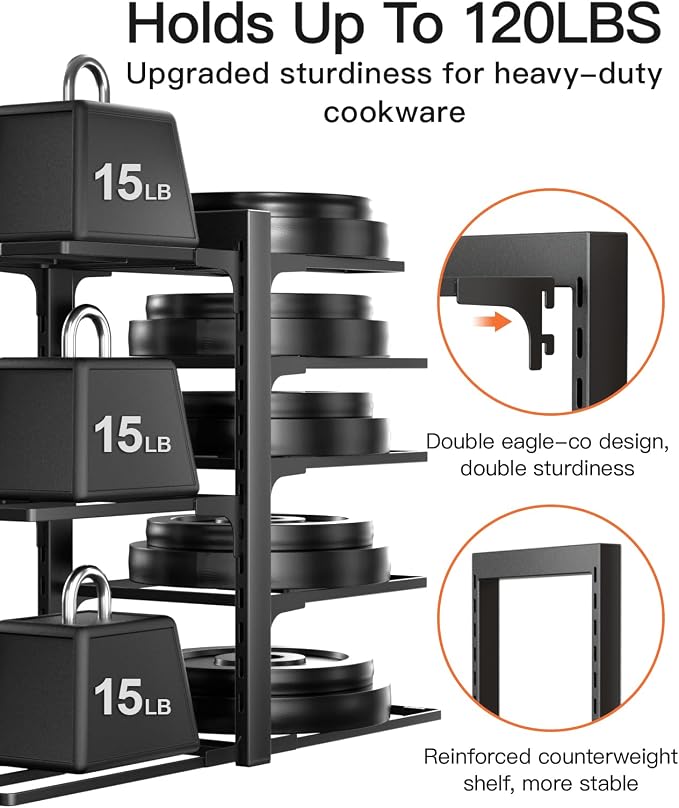 Pots and Pans Organizer Under Cabinet 15.8", 8-Tier Adjustable Black | 2 DIY Modes, Tool-Free Assembly, Max 120 Lbs, Fits Cast Iron Pans, Dutch Ovens & Heavy Cookware, For Kitchen Cabinets