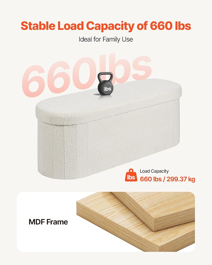 VEVOR Oval Storage Ottoman Bench, Foldable Teddy Fleece End of Bed Bench, Folding Upholstered Bed Ottoman Chest with Large Storage Space, Supports 660 lbs, for Living Room, Bedroom, Entryway, Beige