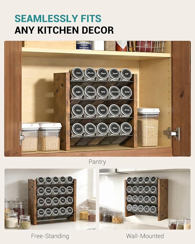 NESAPTO Spice Rack Organizer with 20 Glass Spice Jars, Wood 4-Tier Seasoning Organizer with Labels for Cabinet, Pantry, Countertop or Wall Mount, Chalk Marker and Funnel Set, 10.3" W × 9.4" H