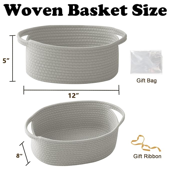 2 Pack White Small Woven Rope Basket with Handles | Empty Gifts Basket with Bag and Ribbons, Cute Handle Organizer Box, Birthday/Baby Shower, Toy Storage