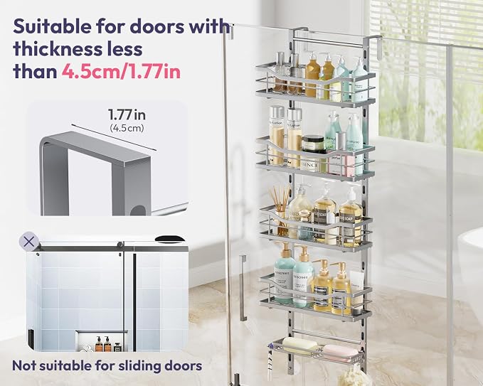 SWTYMIKI Over the Door Shower Caddy - 5 Tier Adjustable Shower Organizer Hanging with Soap Holder, No Drilling Stainless Steel Bathroom Rack Hanging for Body Wash, Shampoo, Soap, Razor, Silver