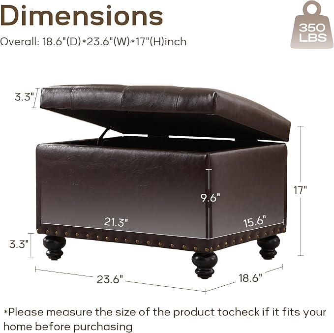 Zihanhome Leather Ottoman with Storage, Upholstered Button Tufted Ottoman Foot Rest, Foot Stools, 24" Rectangle Ottomans with Storage for Living Room, Bedroom, Dorms and Apartments (Brown-PU)