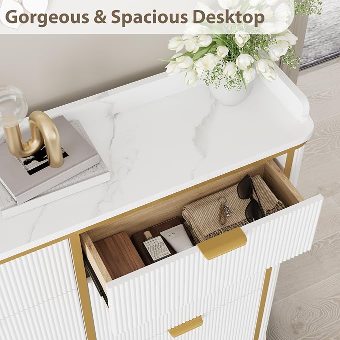 Fluted Shoe Storage Cabinet with 4 Flip Drawers & 2 Drawers, Freestanding Hidden Shoe Organizer with Adjustable Shelves, Wood Narrow Shoe Rack Cabinet for Entryway, Hallway, Foyer, White