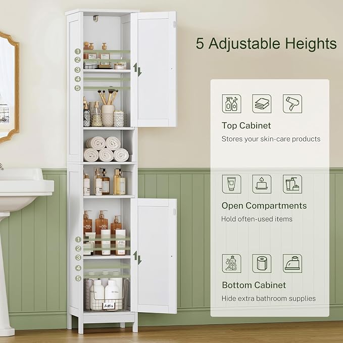 67" Tall Bathroom Cabinet with Adjustable Shelves and Doors, Narrow Bathroom Storage Cabinet for Small Space, Living Room, Entryway, Kitchen, White
