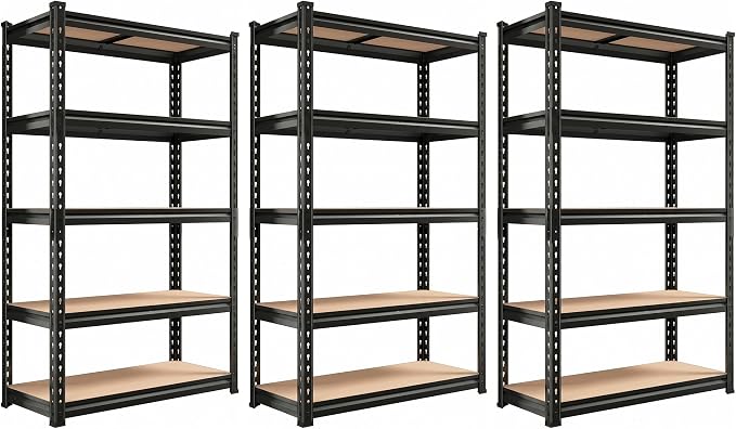REIBII Set of 3 Storage Shelves 5 Tier Garage Shelving Heavy Duty Load 2000LBS, 60" H x 27.6" W x 11.8" D Adjustable Metal Shelving Unit, Utility Rack Shelf for Basement Pantry Shed Warehouse