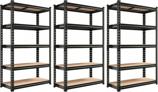 REIBII Set of 3 Storage Shelves 5 Tier Garage Shelving Heavy Duty Load 2000LBS, 60" H x 27.6" W x 11.8" D Adjustable Metal Shelving Unit, Utility Rack Shelf for Basement Pantry Shed Warehouse