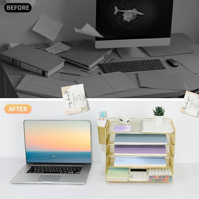 LEKETREE Desk Organizers and Accessories, 5-Tier Paper Letter Tray Organizer with Drawer & 2 Pen Holders, Desktop Organizer for Office Supplies (Gold)
