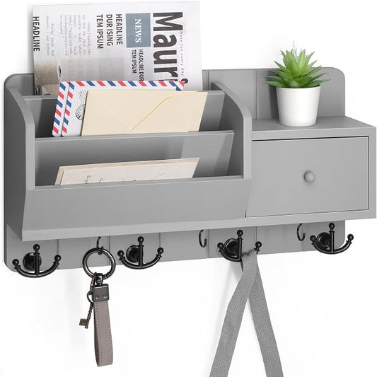 Rebee Vision Key Holder Wall Mount with Drawer, for Home Decor, Light Gray | Mail and Key Organizer for Wall, Drawer Storage, Hanging Hooks, Letter Organization, Apartment Essential, Home Decor Accent
