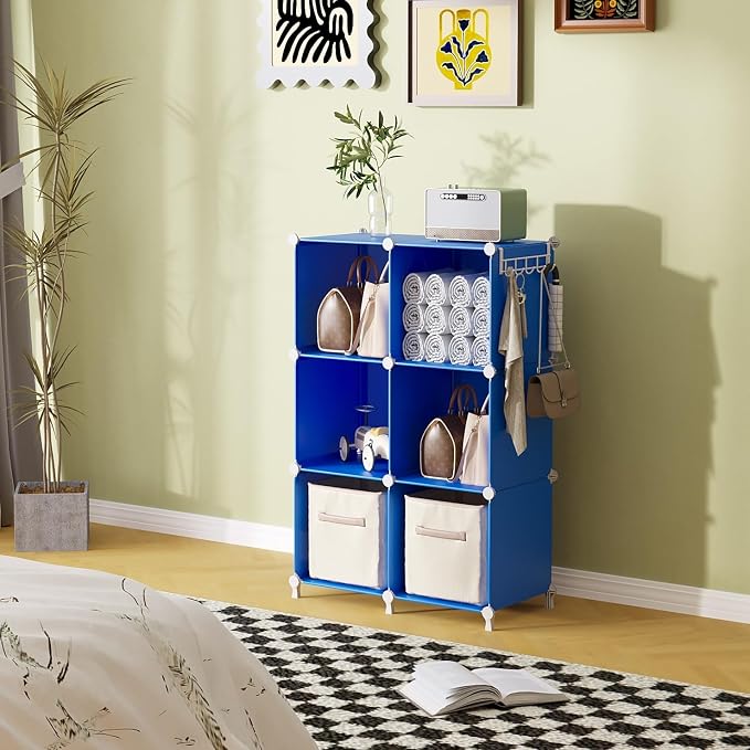 AWTATOS Cube Storage Organizer, 6 Cube Closet Organizers Storage Shelves | DIY Stackable Closet Storage Cubes Shelf Bookshelf, Plastic Clothes Organizer Shelving for Bedroom, Home, Admiral Blue