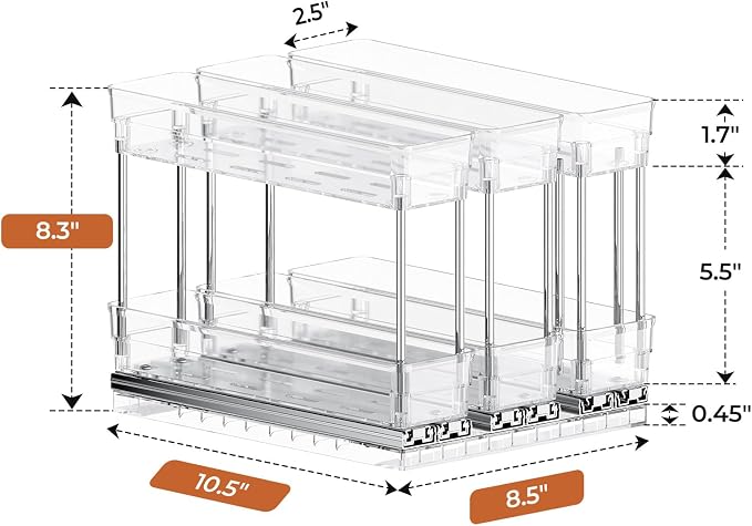 Mystozer Pull Out Spice Rack Organizer for Cabinet, Slide Out Spice Racks Organizer, Easy to Install Spice Cabinet Organizers, 8.5''Wx10.5''Dx8.3''H, 3 Drawers - 2 Tiers (Clear)