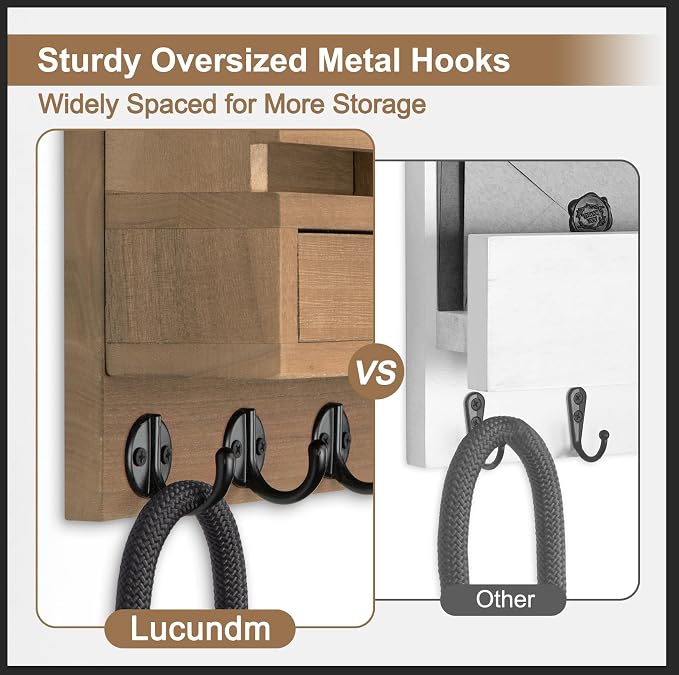 Key Holder Wall Mount, Mail Holder with Storage Drawer and 5 Key Hooks for Coat, Dog Leash, Home Decor Rack, House Accessories, Entry Way Organizer (Light Brown)