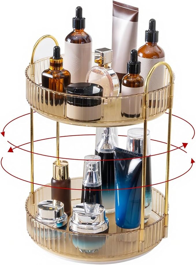 INVSSENE 360 Rotating Makeup Organizer, Yellow, Unisex, 2 Tier Countertop Storage, Large Capacity, Cosmetics, Perfume, Skincare, Lipsticks