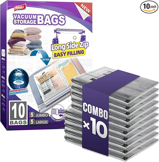 TAILI 10 Pack Vacuum Storage Bags, 2 Size Combo(5 Large+5 Jumbo), Clear | LONG SIDE ZIP Vacuum Seal Bags for Clothing, Space Saver for Beddings, Comforters, Blankets, Pillows