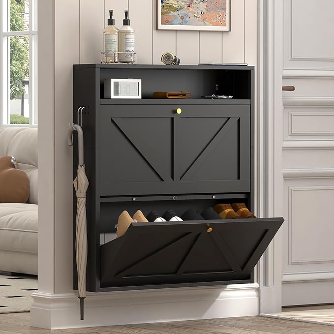 Hidden Shoe Rack, 2 Flip-Down Front Door Shoe Storage, Ultra Slim Shoe Cabinet Wall Mounted, Floating Shoe Storage Cabinet for Entryway, Space-Saving Moeden Cabinet for Small Place, Black