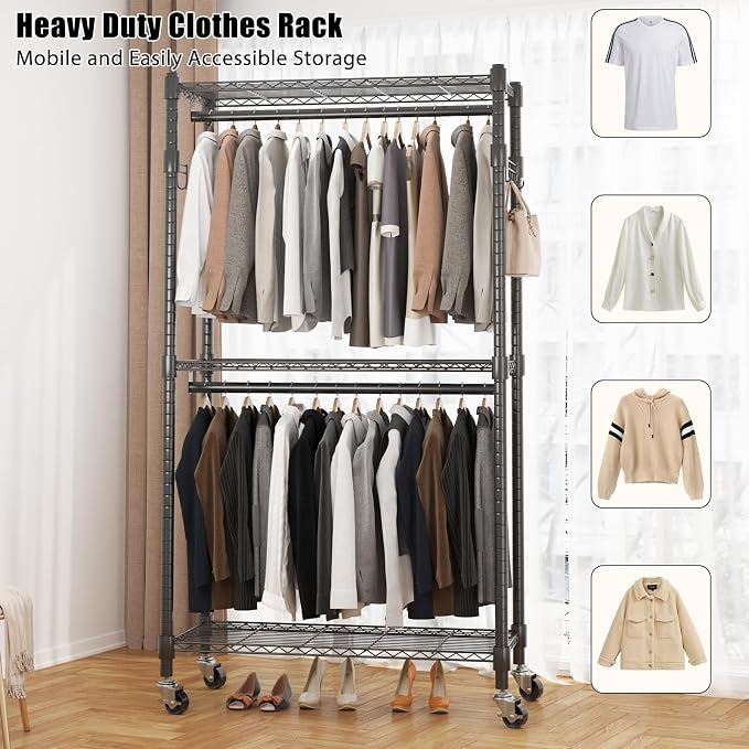 BATHWA Rolling Tall Garment Rack with 2 Rods & 3-Tier Adjustable Shelves, 35.5" W x 16.5" D x 80.7" H, Heavy Duty Clothes Hanging Racks Portable Wardrobe Closet Organizer for Bedroom, Laundry, Black
