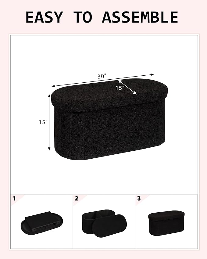 30 Inches Oval Storage Ottoman Bench, Foldable Footrest | Teddy Boucle Fabric, Hidden Storage, Soft Padded Seat, Compact Ottoman For Living Room, Bedroom, Dorm, Black