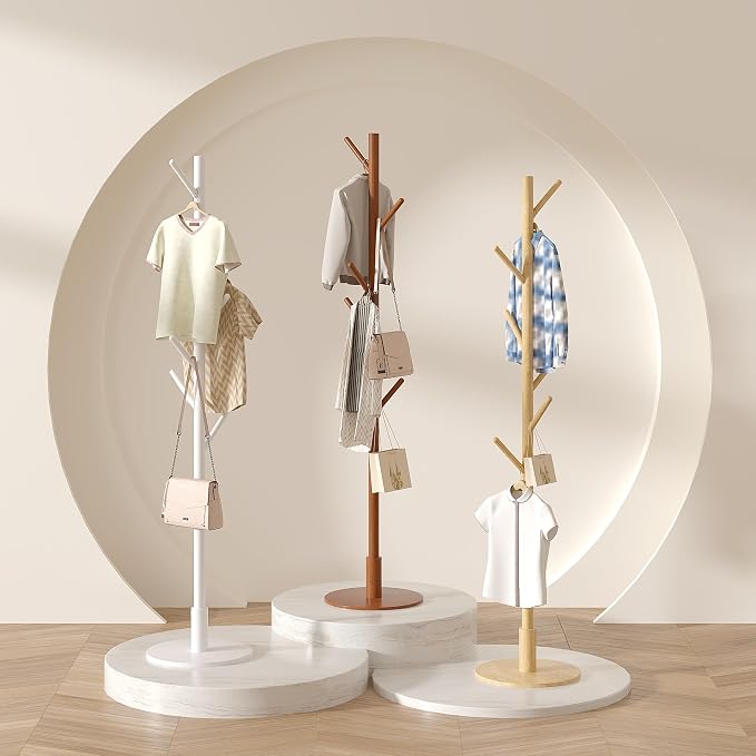 VECELO Coat Rack Freestanding, Entryway Hanger Stand, Umbrella Holder, Hall Tree With Hooks, Floor Standing Tree Stand,White