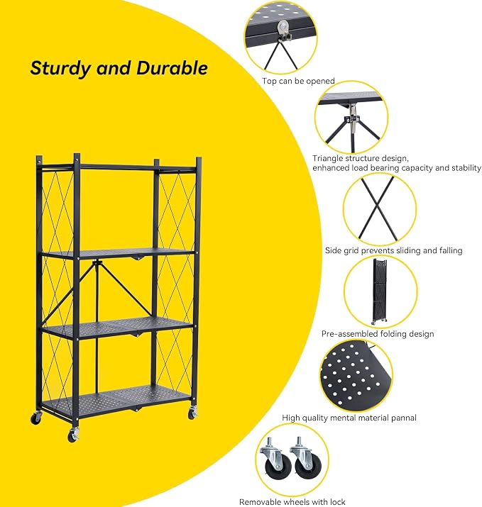 BRIAN & DANY Metal Storage Shelves - 4 Tier Shelving Unit, Folding Display Shelf Racks No Assembly for Vendors and Craft Shows, Black (2Pcs)