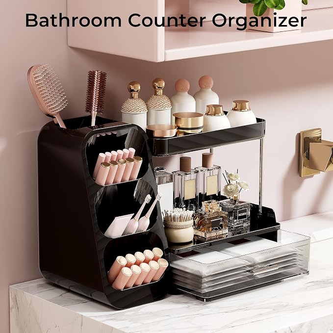 UFORU Makeup Organizer Countertop with Brush Holder for Vanity Bathroom | 3 Tiers Design, Large Capacity, Thickened Plastic, Detachable Brush Holder, Clear Drawer, Quick Access, Space-Saving