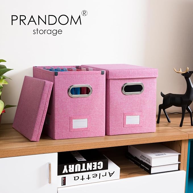 File Organizer Box - Set of 1 Collapsible Decorative Linen Filing Storage Hanging File Folders with Lids Office Cabinet Letter Size Pink (14x9.3x10.8 inch)