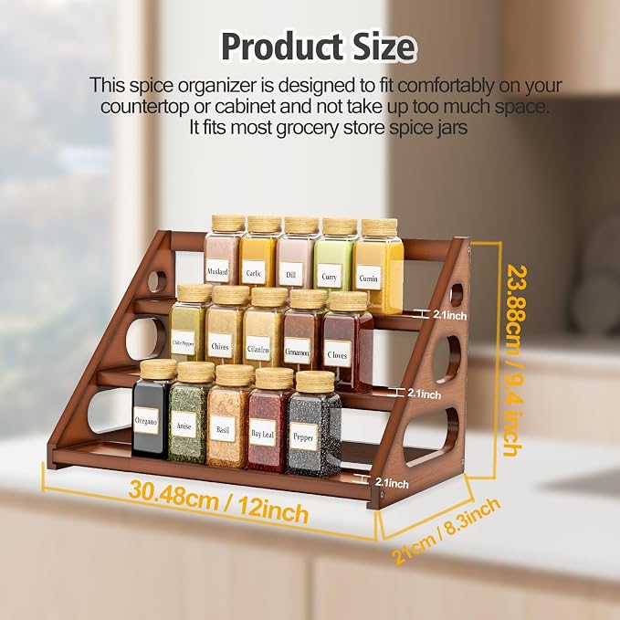 Spice Rack - Tiered Spice Rack Organization for Cabinet - 3 Tier Bamboo Display Spice Shelf for Countertop