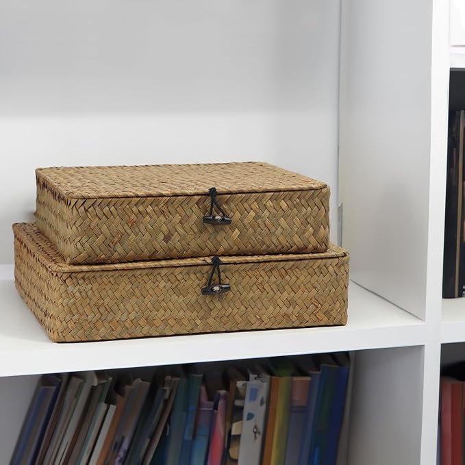 Flat Seagrass Wicker Baskets with Lids, Set of 2 | Small and Large Storage Boxes, Shelf Organizer Bins, Woven Home Storage, Stackable Flat Design, Natural Decor