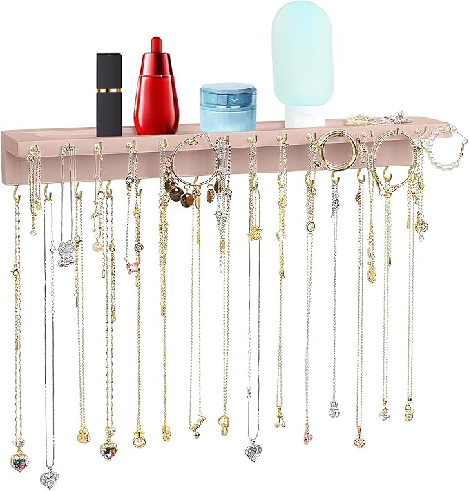 YYILIS Necklace Holder, Upgraded Extra Large Wall Necklace Organizer with 30 Hooks Wall Mounted Necklace Hanger with Jewelry Tray/Cosmetics Shelf Rustic Pine Wood Holder (Pink) | 30 Hooks Wall Mounted Necklace Hanger with Jewelry Tray/Cosmetics Shelf R...