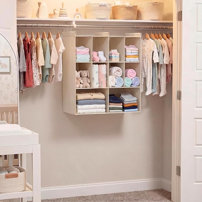 3 Tier Hanging Closet Organizer, 10 Compartments Dual Row Storage, Beige | Closet Organizers and Storage with Large & Small Pockets, 3 Sturdy Hooks Support Heavy Loads, for Dorm, RV, Garment Rack