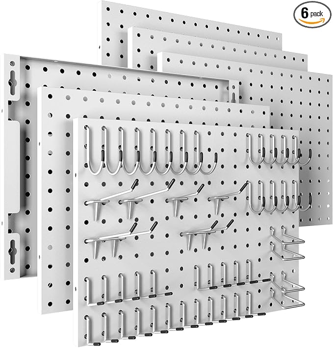 Spampur Peg Board, 6 Pack Metal Pegboard Panels with 50 Hooks | White Pegboards Wall Organizer, Heavy Duty Peg Board for Garage Tool Storage, Office Organization, Craft Room, Desk