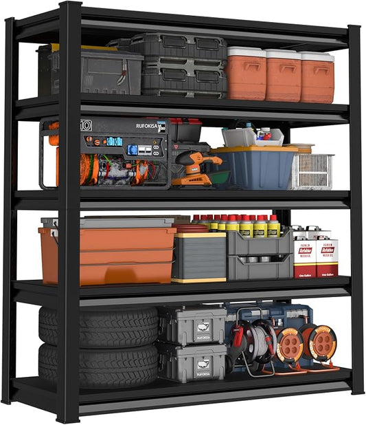 48" W Garage Shelving Heavy Duty, 5-Tier Metal Storage Racks, 2800LBS Loads, Adjustable Shelves, Black