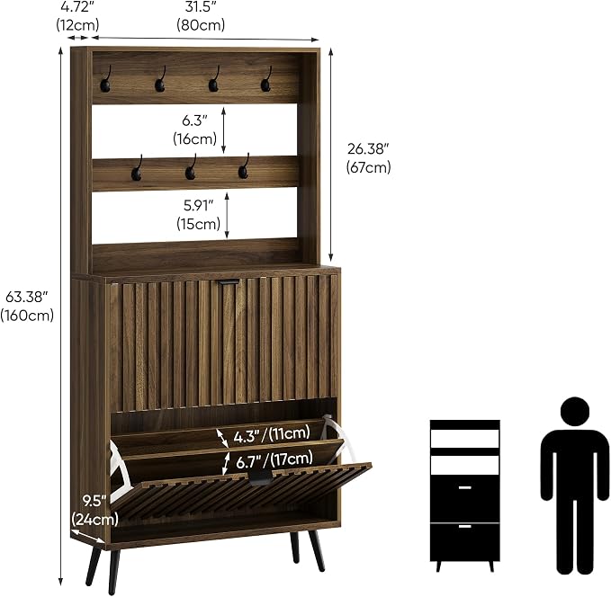Smart FENDEE Tall Shoe Cabinet with Coat Rack,Fluted Shoe Cabinet Storage for Entryway, Walnut Hidden Shoe Cabinet with Metal Legs,Shoe Organizer Cabinet, Slim Entryway Shoe Storage Cabinet （31.5in）