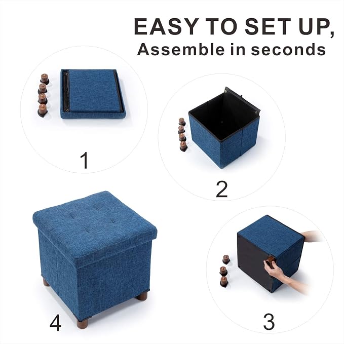 15 Inch Storage Ottoman with Wooden Legs - Cube Foot Rest Stool, Square Footstool, Comfortable Seat with Lid, Foldable Fabric Ottoman, Space-Saving Navy