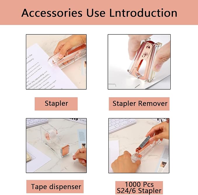 suniya Office Supplies Rose Gold Desk Accessories Set Office Supplies Kit with Stapler, Tape Dispenser, Scissors, Staple Remover, Ballpoint Pen, Clear Tape & Staples – Best Gift for Business or Boss
