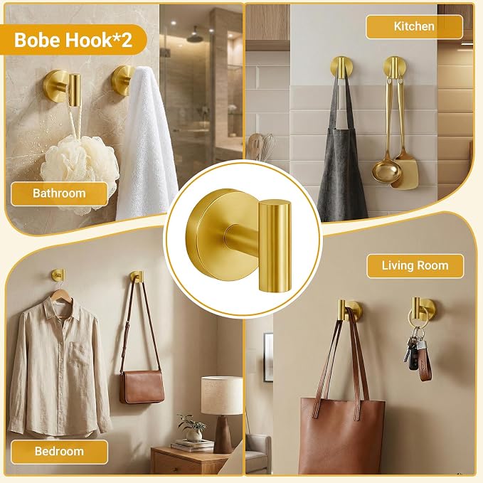 5 Piece Brushed Gold Bathroom Hardware Set, 24 Inch Bathroom Hardware Set Towel Racks for Bathroom, SUS304 Stainless Steel Wall Mounted Bath Towel Bar Set