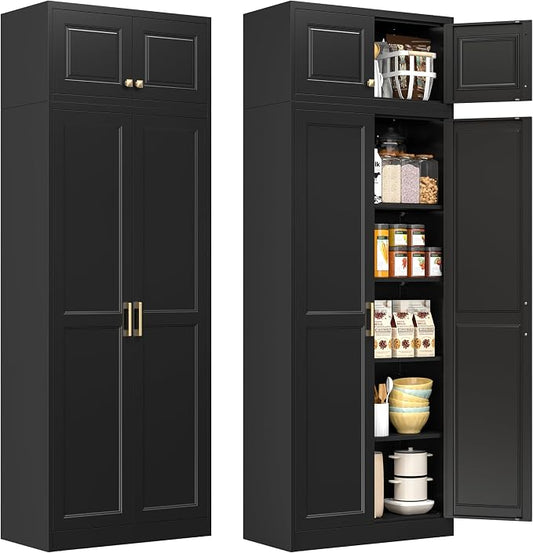 Polup 86" Tall Metal Kitchen Pantry Storage Cabinet with Doors and Shelves | Heavy-Duty Black Cabinet, 4 Adjustable Shelving, Gold Handles, Magnetic Latch, for Dining Living Room, Bathroom & Garage