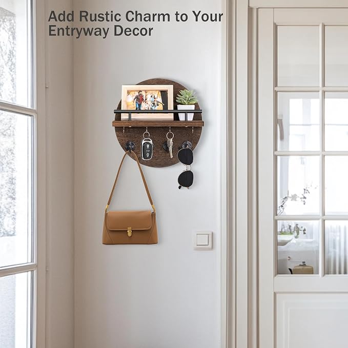 dreampossible Key Holder Wall Mount - 10.2 Inch Decorative Key Rack and Mail Organizer with 8 Key Hooks - Wooden Key Hanger with Shelf for Wall and Home Decor