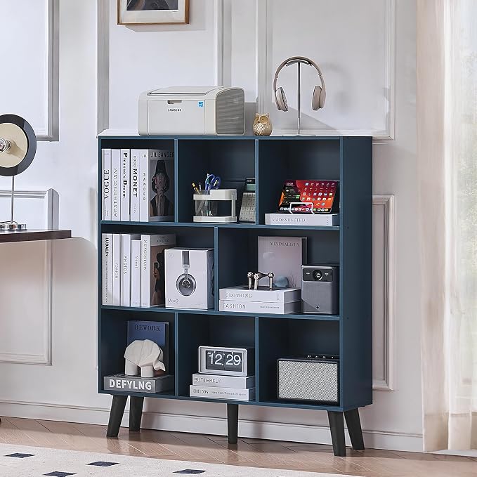 LEYAOYAO 8 Cube Bookshelf,Mid-Century Modern Book Shelf with Legs,Dark Blue | 3 Tier Bookcase, Rustic Wood Bookshelves Freestanding Large Storage Organizer, Open Shelves for Bedroom, Living Room, Office